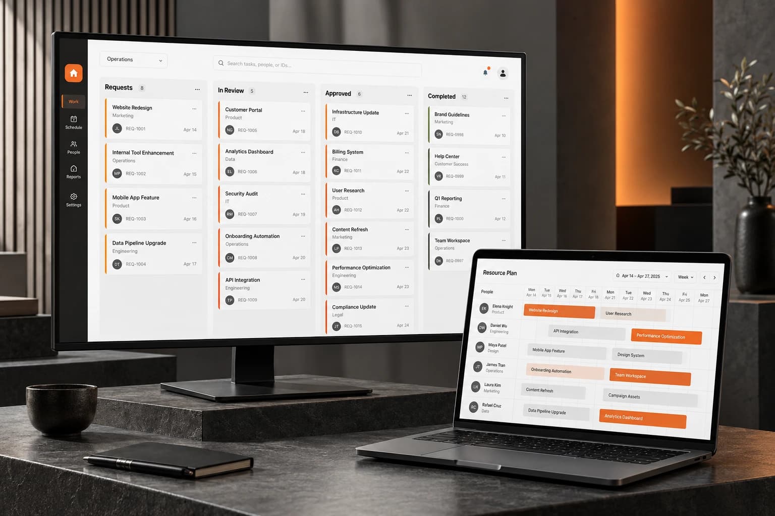 Illustrative business software dashboard on desktop and laptop screens