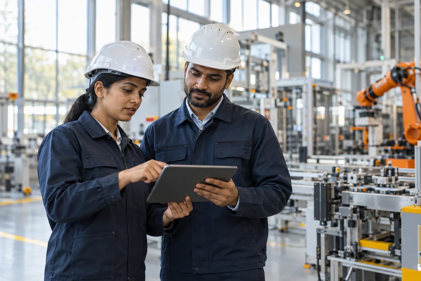 AI-generated image of engineering professionals reviewing a tablet in a modern manufacturing facility