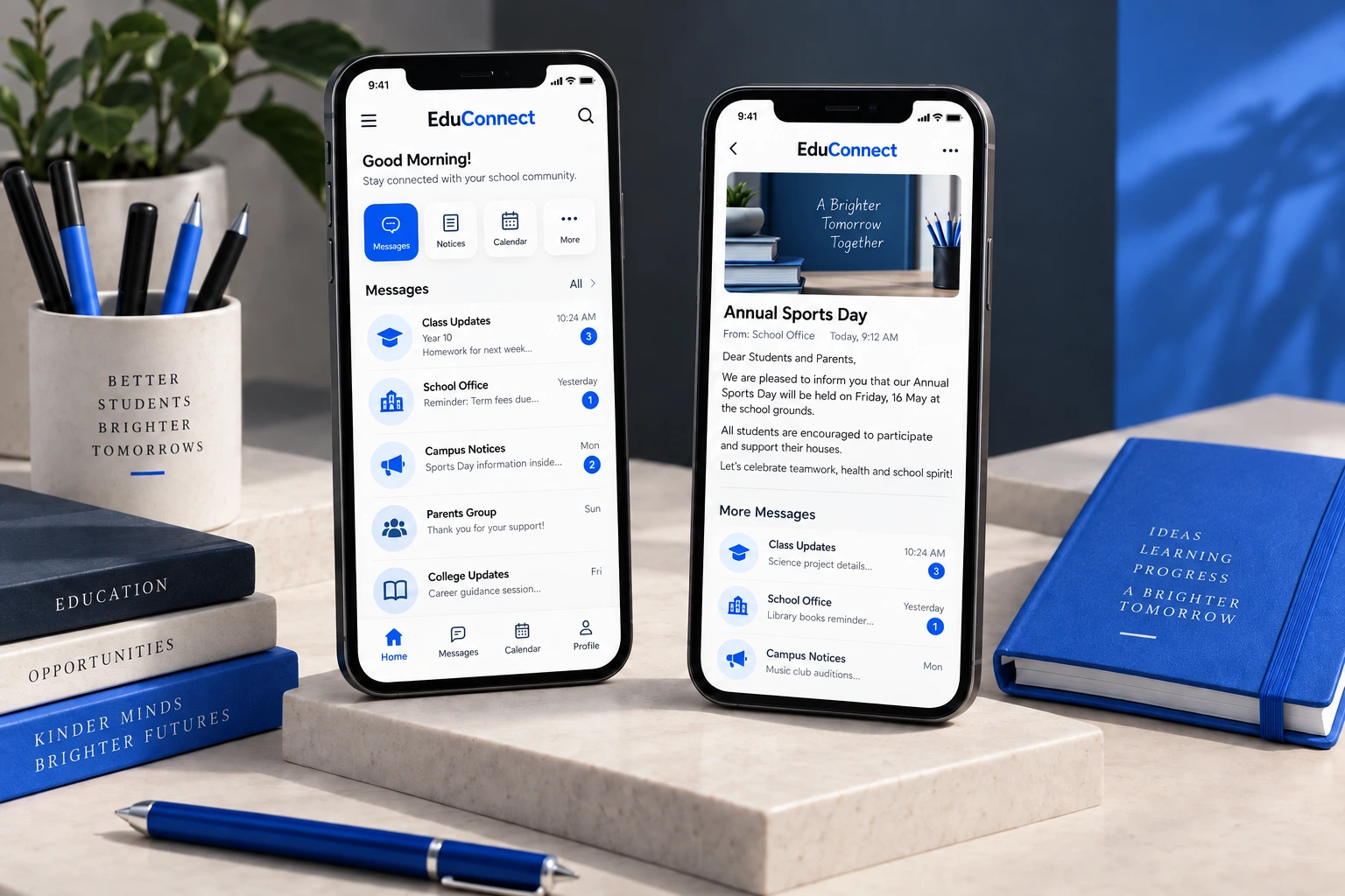 Illustrative EduConnect mobile app concepts showing educational messages and an institutional notice