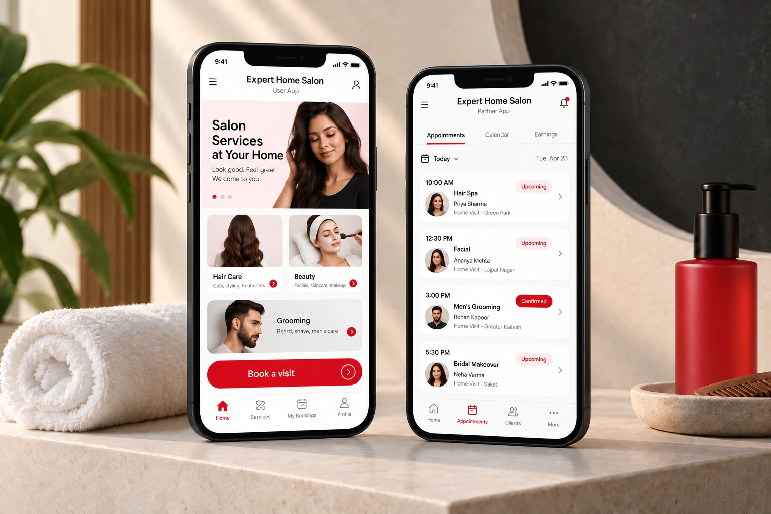 Illustrative Expert Home Salon mobile app concepts showing the User App and Partner App