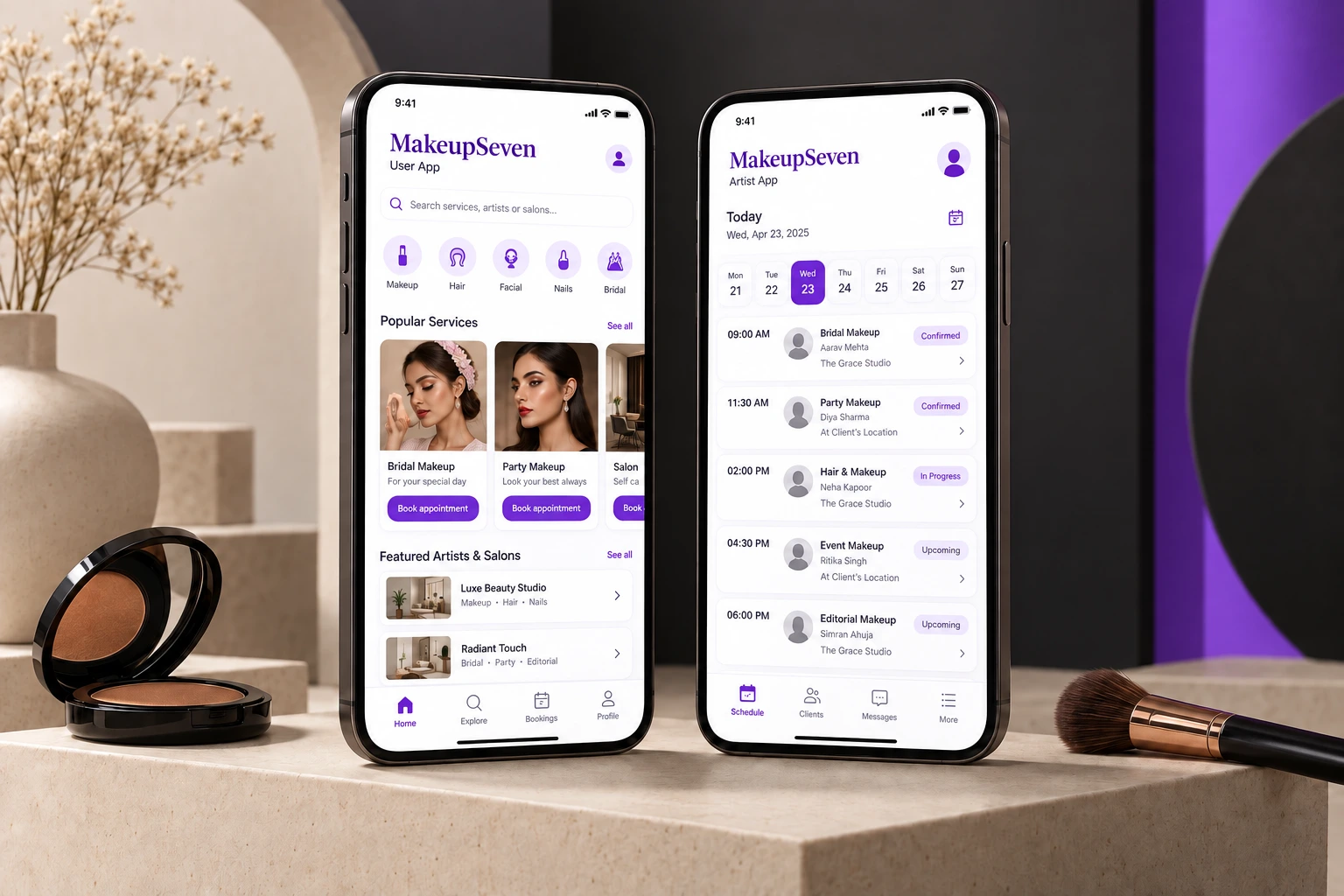 Illustrative MakeupSeven mobile app concepts showing the User App and Artist App side by side